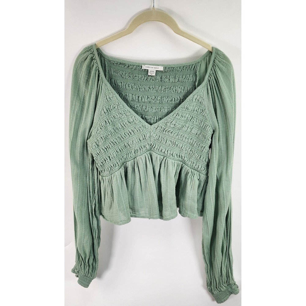 American Eagle Smocked Babydoll Top Women's M Green Peplum Hem Boho Festival Y2K